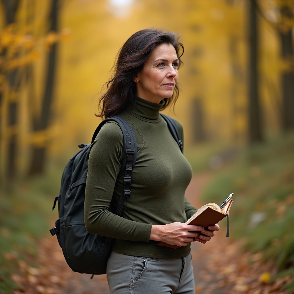 Autorin des Blogs mit Wanderausrüstung im Wald