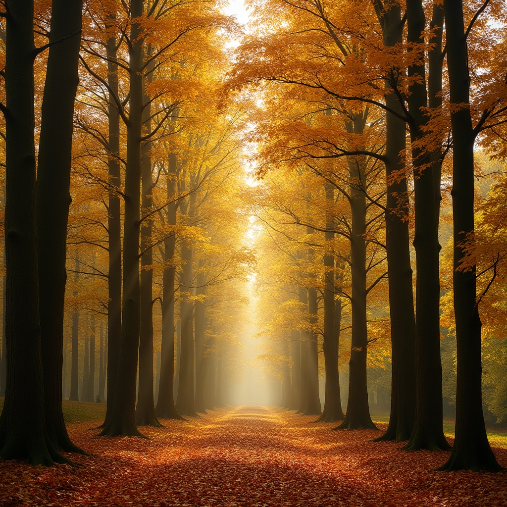Buntes Herbstlaub im Eifelwald mit Sonnenstrahlen durch das Blätterdach