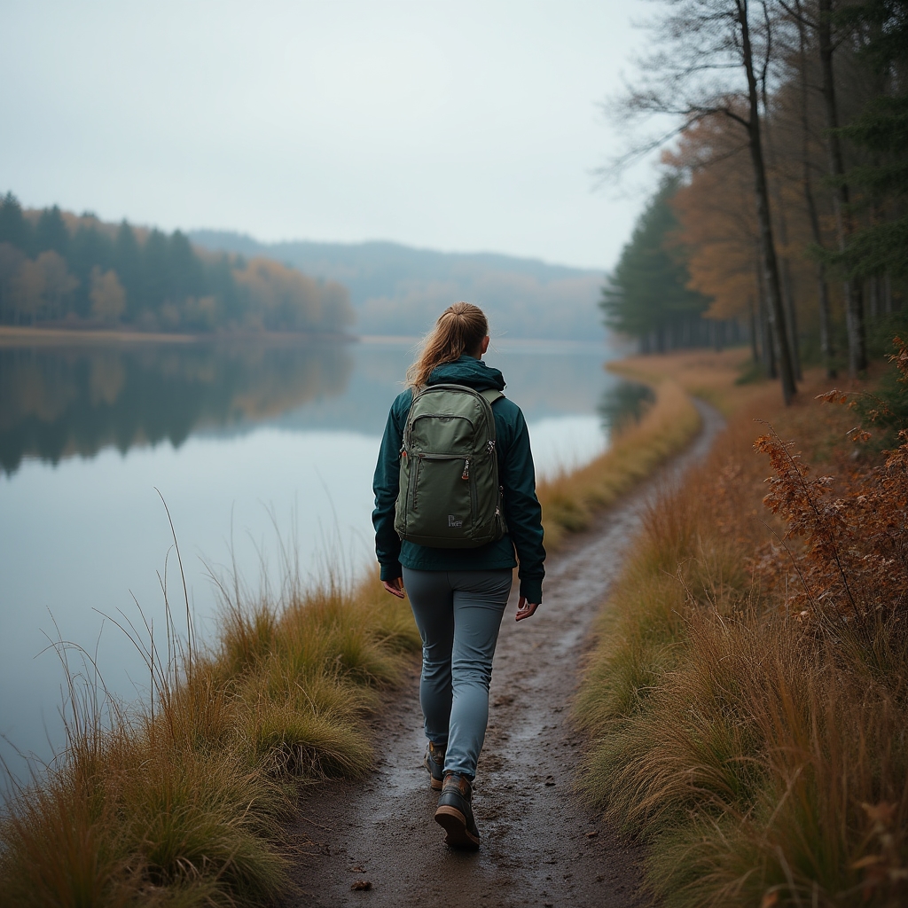 Wanderweg am Maar in der Eifel mit ruhigem Vulkansee