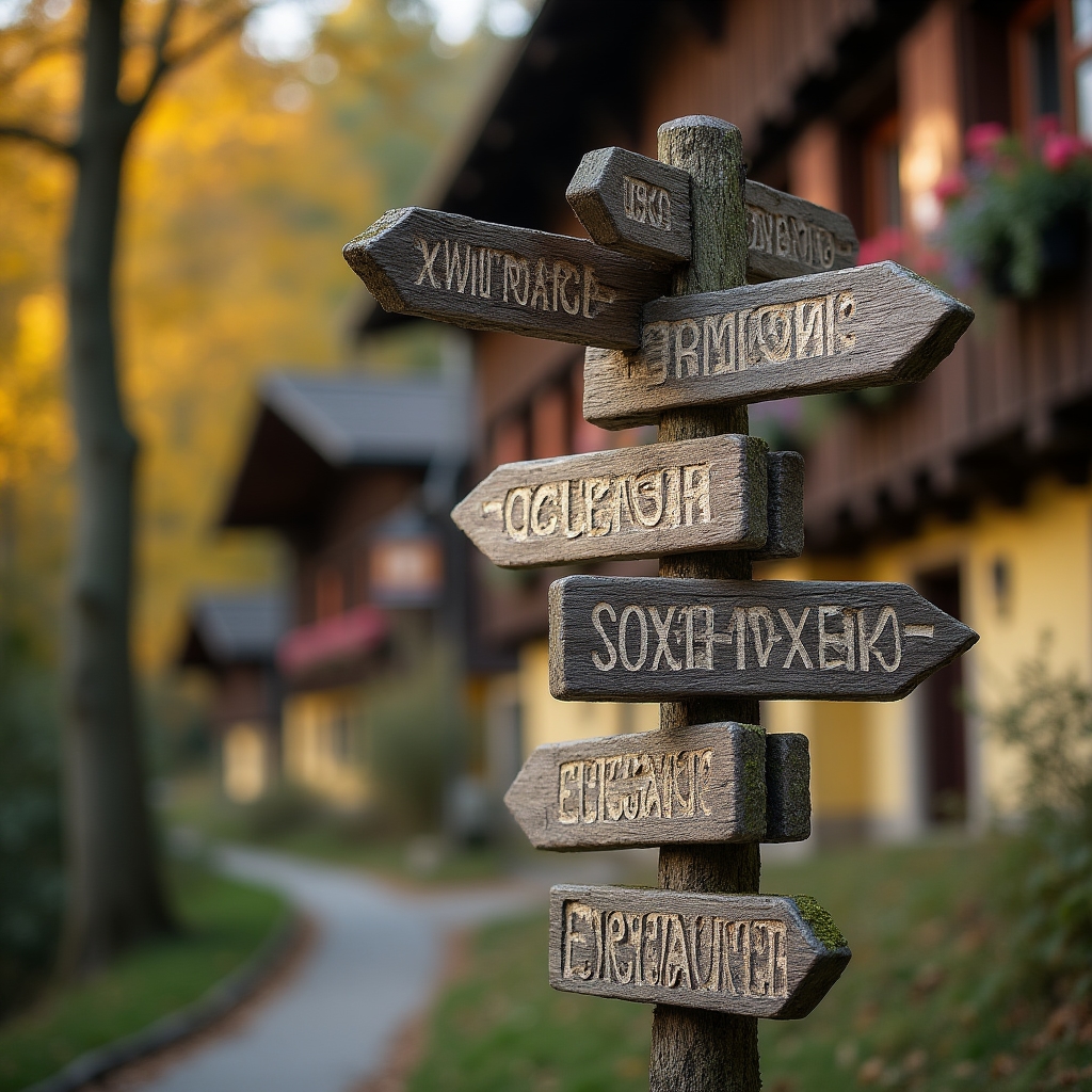 Rustikaler Holzwegweiser vor einem Schwarzwälder Gasthaus im Wald