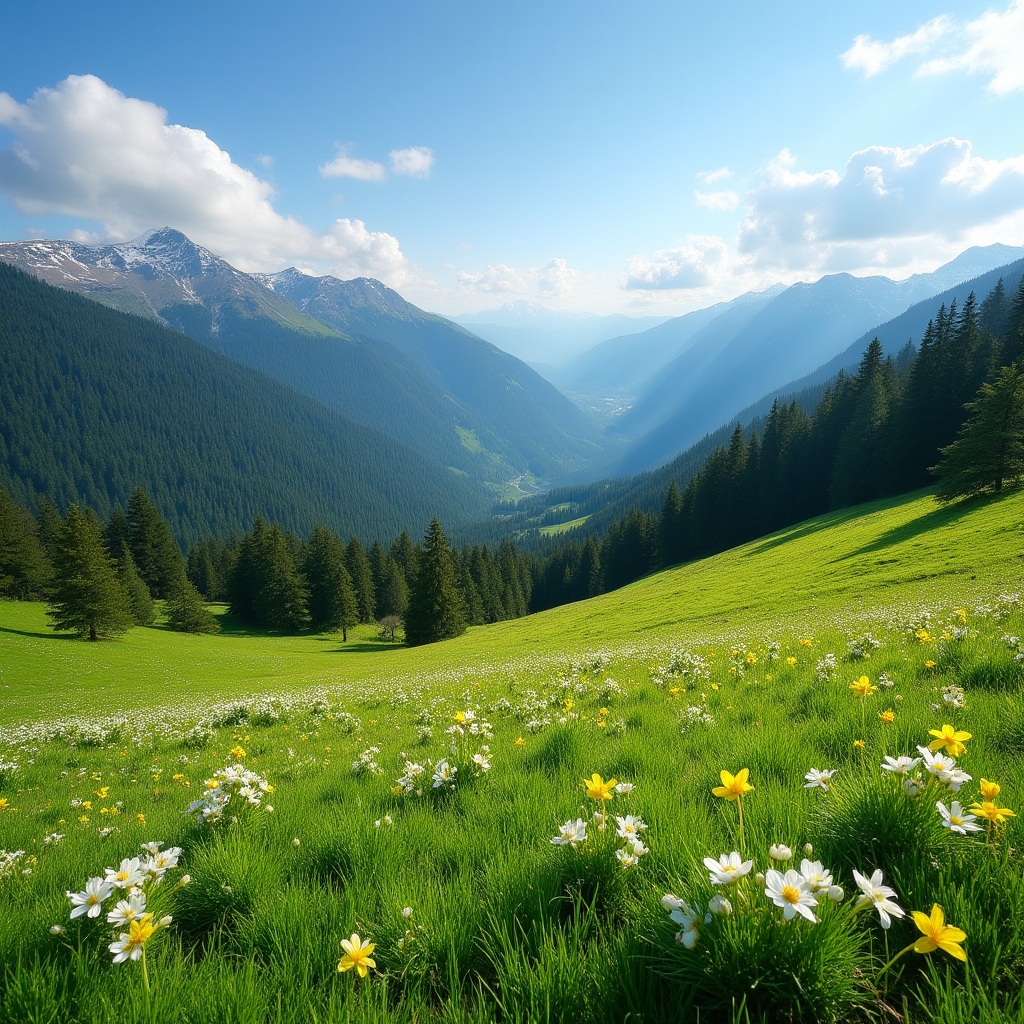 Frühlingshafte Schwarzwaldlandschaft mit blühenden Wiesen und Tannenwald