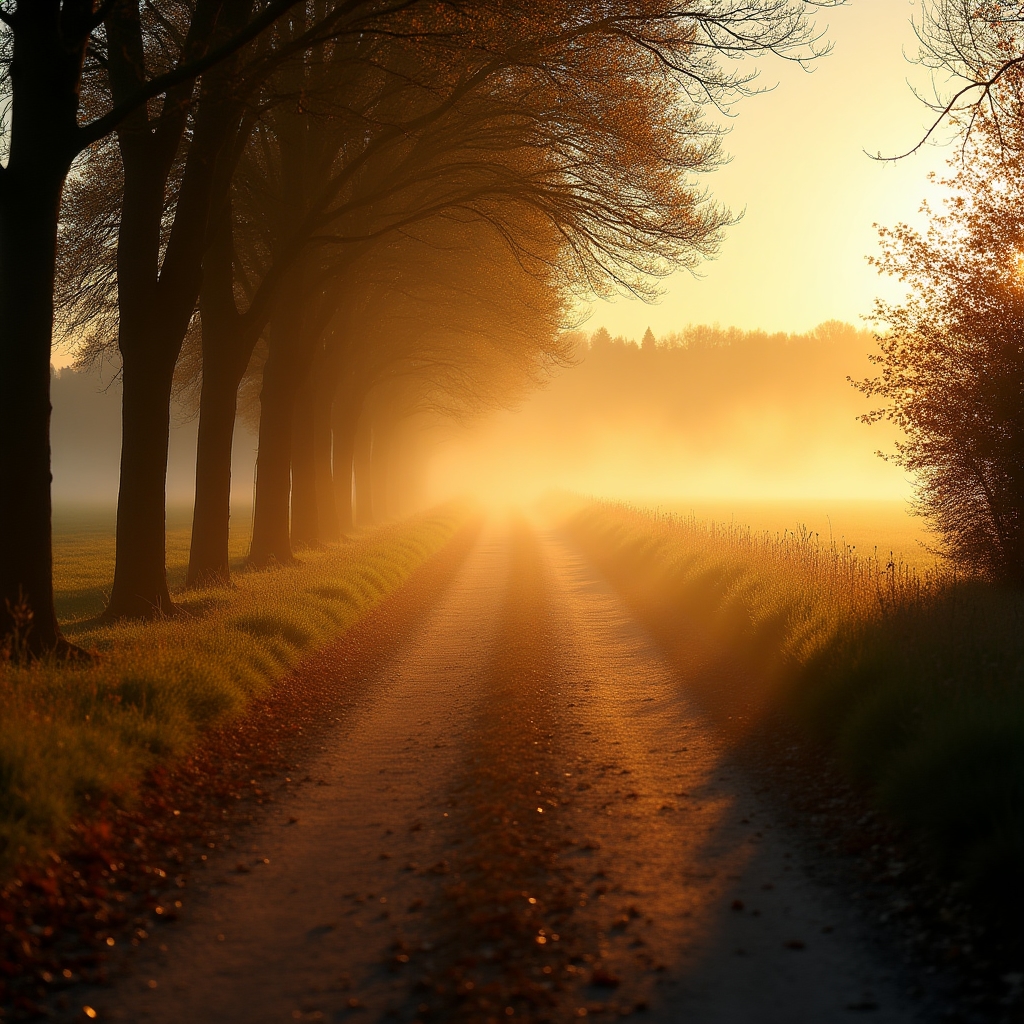 Taunus Feldweg im frühen Morgenlicht mit Bodennebel