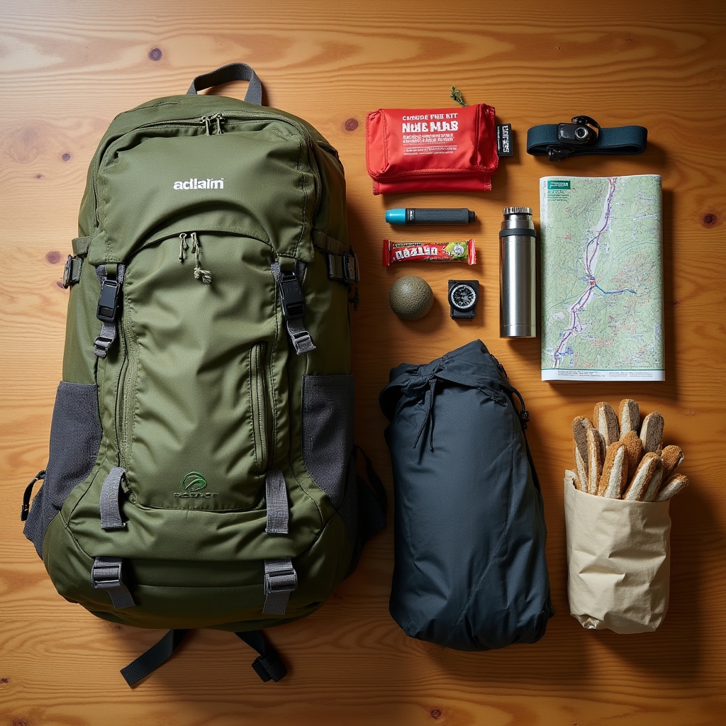 Detailansicht eines gepackten Wanderrucksacks mit Ausrüstungsgegenständen